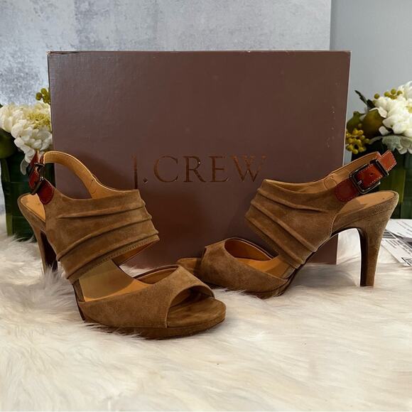 J. Crew Nicola Platform Suede Slingback Heels Toffee Sz 5.5 with box - Picture 13 of 16
